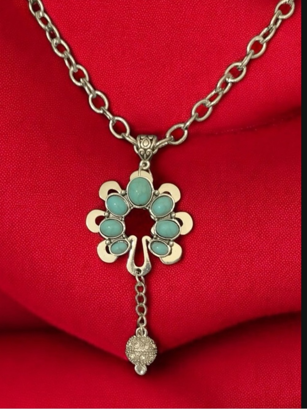 Boho Western Chic Silver and Turquoise Pendant Long Necklace